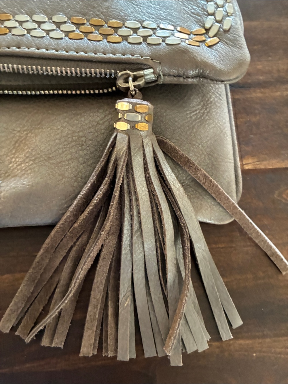 Colleen Cordero Taupe Leather Tassel Clutch with Studded Trim - Picture 2 of 5